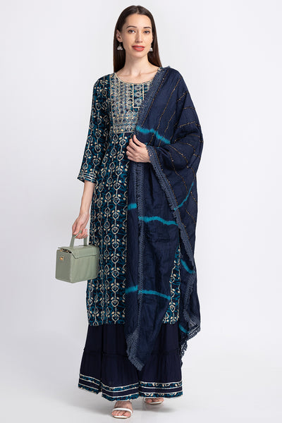 Neerus Blue Floral Embroidered Sequinned Kurta with Sharara  Dupatta