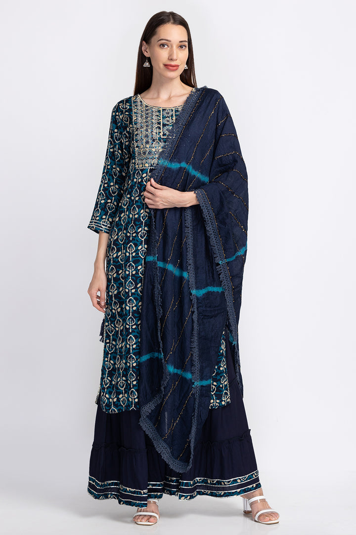 Neerus Blue Floral Embroidered Sequinned Kurta With Sharara Dupatta