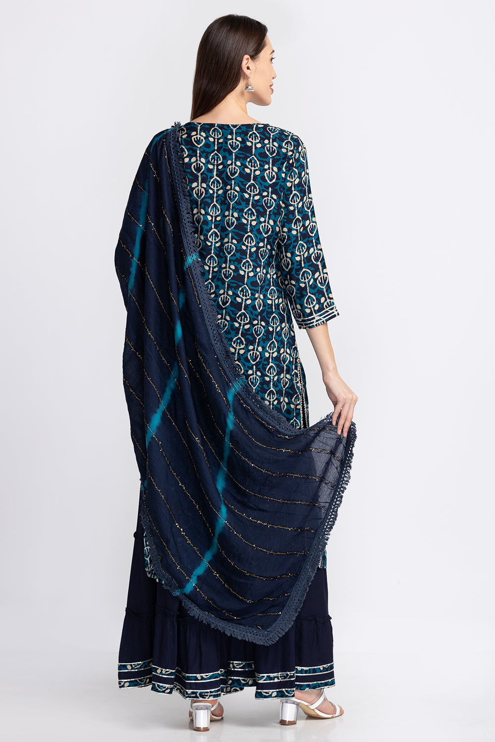 Neerus Blue Floral Embroidered Sequinned Kurta With Sharara Dupatta