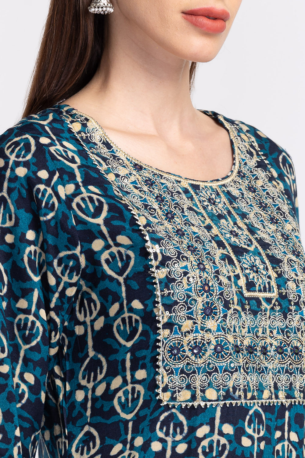 Neerus Blue Floral Embroidered Sequinned Kurta With Sharara Dupatta