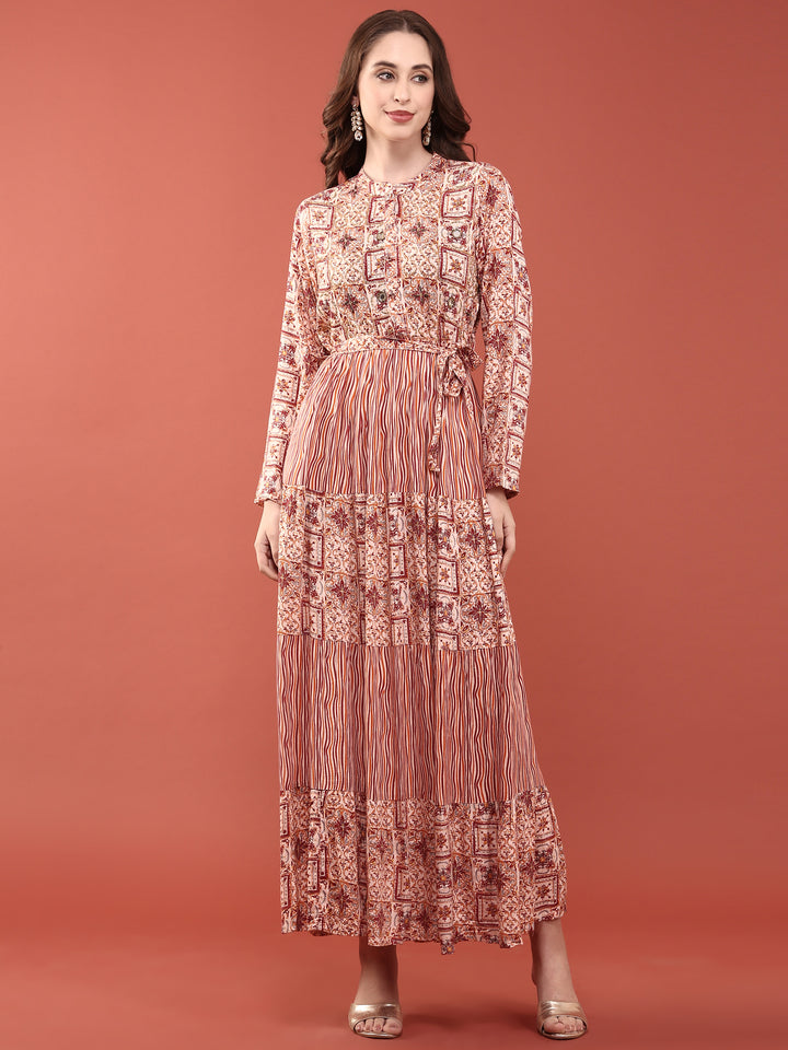 Peach Rayon Digital Print Long Dress