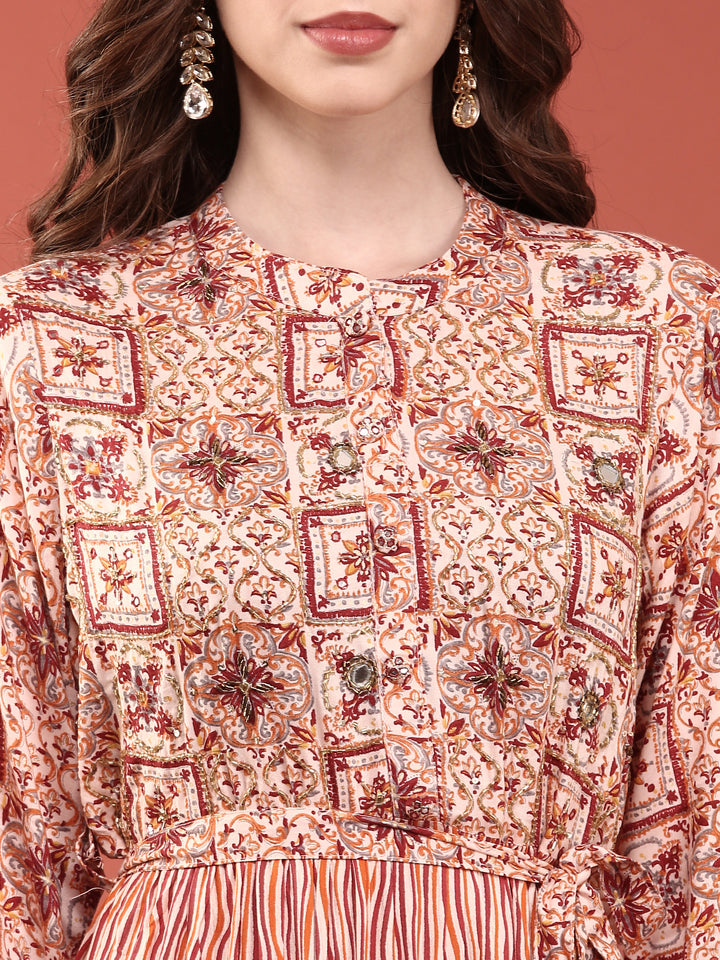 Peach Rayon Digital Print Long Dress