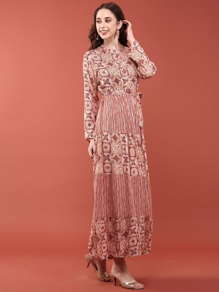 Peach Rayon Digital Print Long Dress