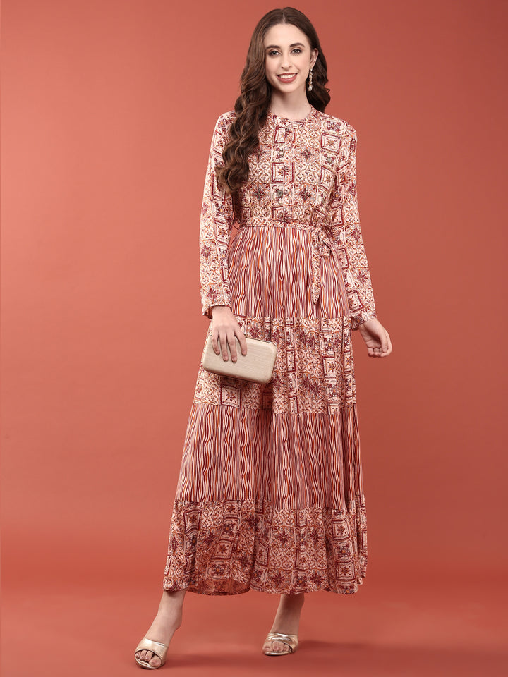 Peach Rayon Digital Print Long Dress