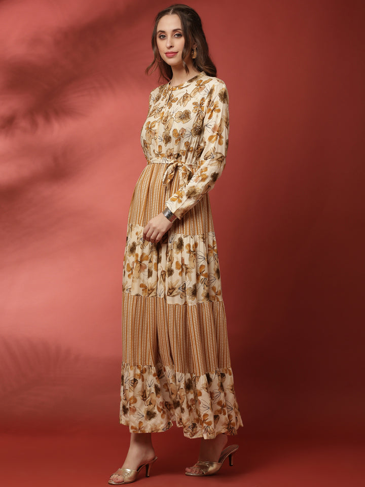 Beige rayon printed long dress with hand embroidery