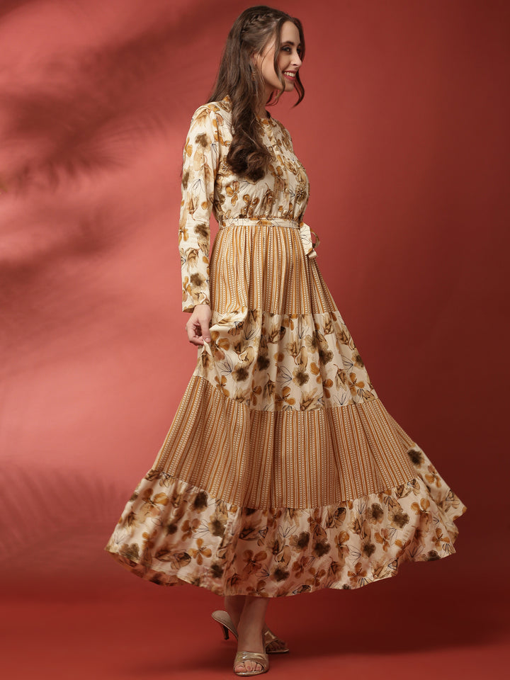 Beige rayon printed long dress with hand embroidery