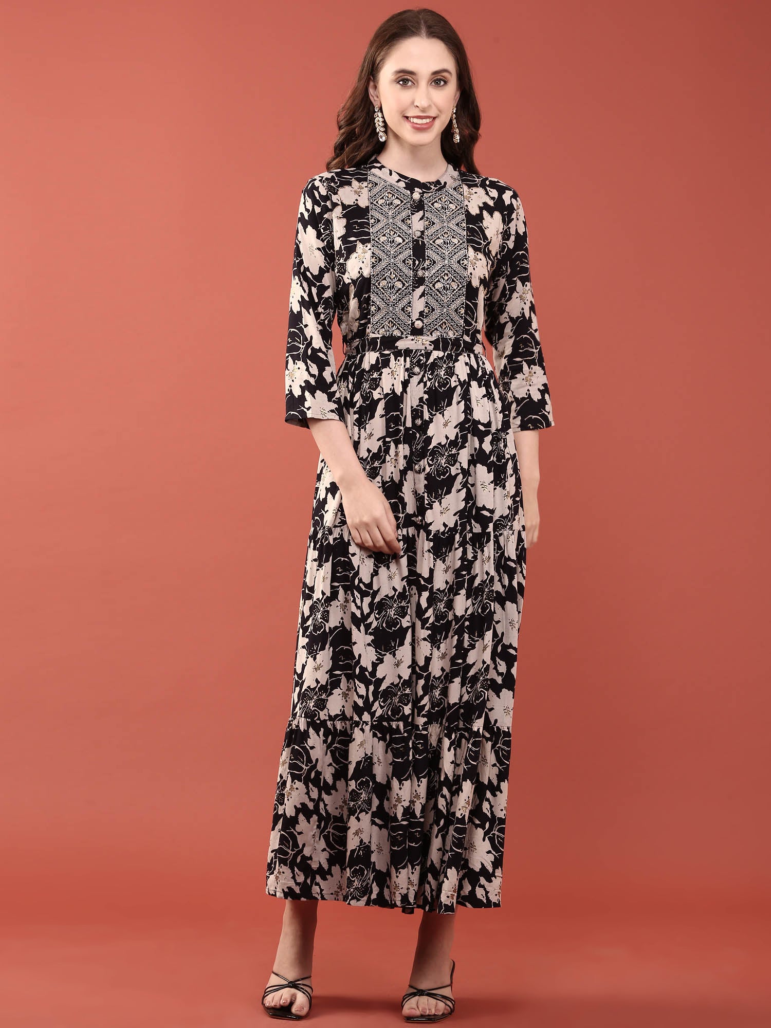 Neerus Black Floral Digital Printed Rayon Maxi Dress for Casual