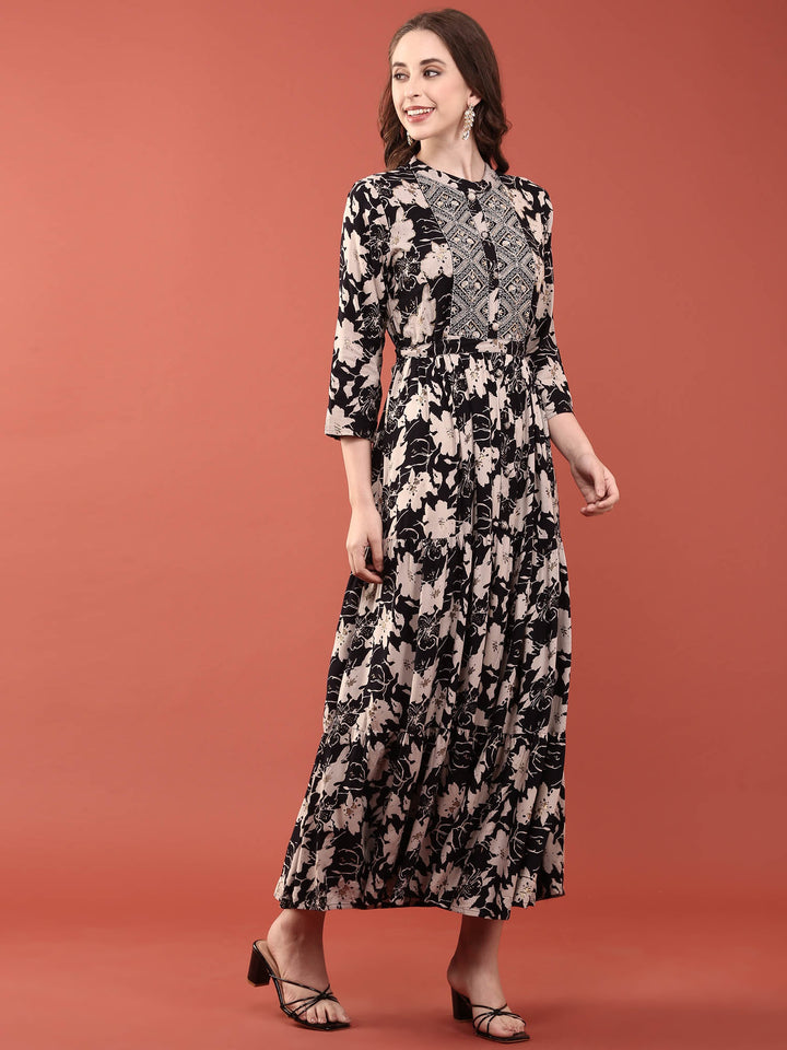 Black Rayon Floral Digital Print Long Dress