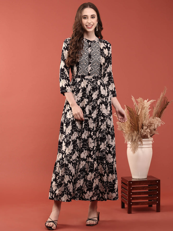 Black Rayon Floral Digital Print Long Dress