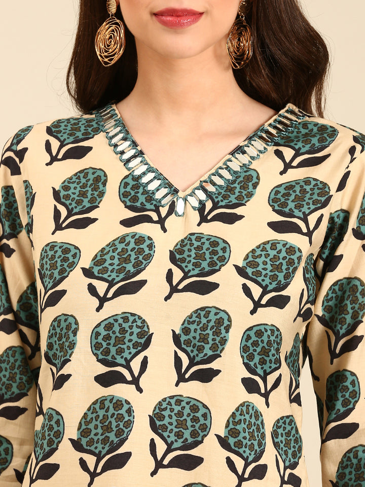 Beige block printed suit set with duppata