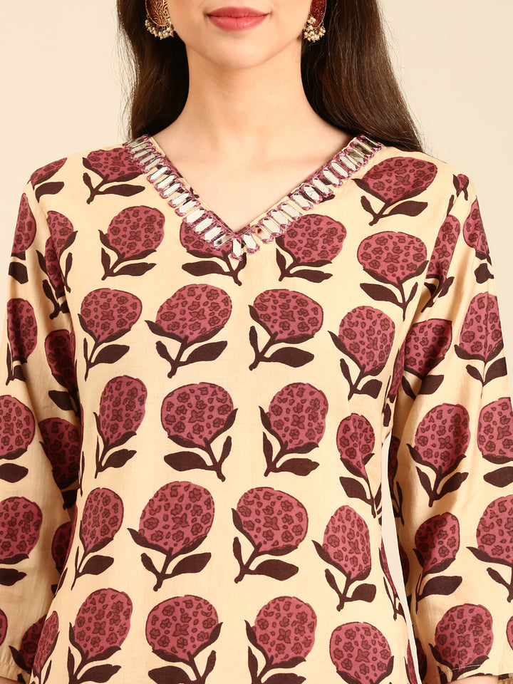 Maroon block printed suit set with duppata