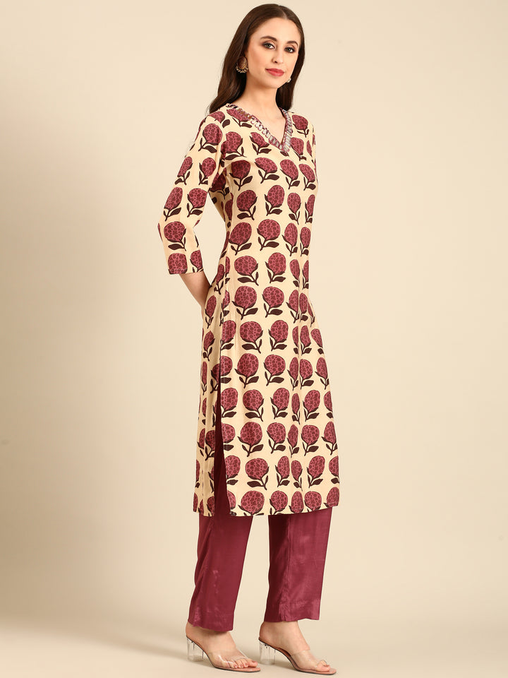 Maroon block printed suit set with duppata
