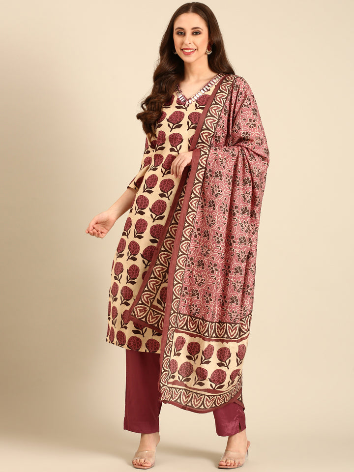 Maroon block printed suit set with duppata