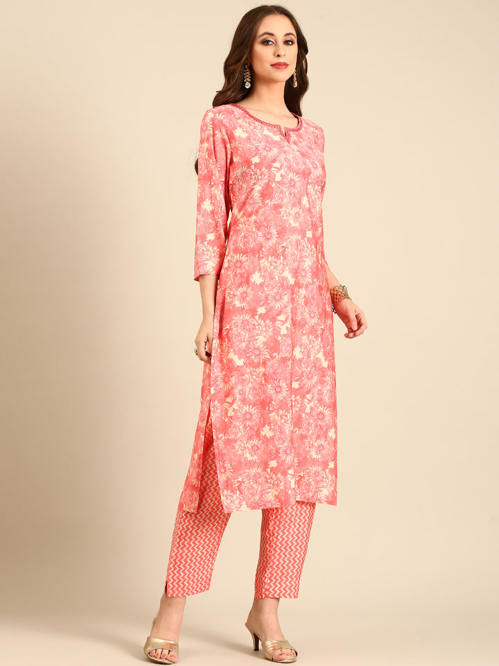 Peach pink floral printed three piece suit set