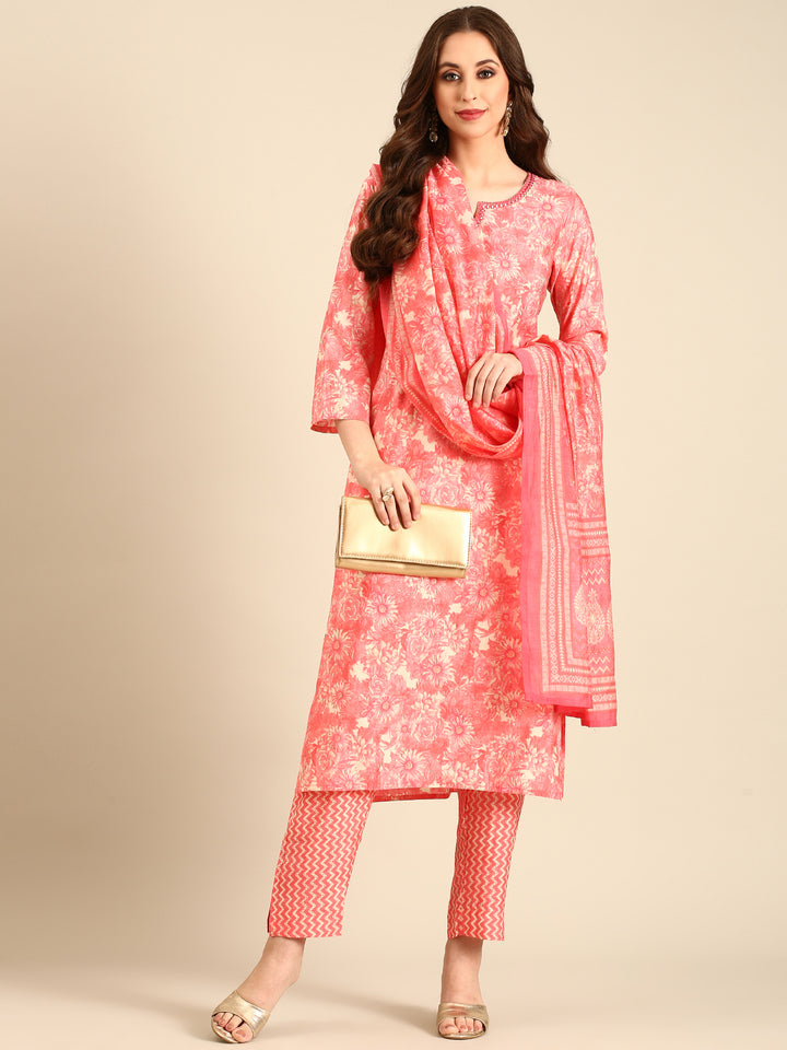 Peach pink floral printed three piece suit set