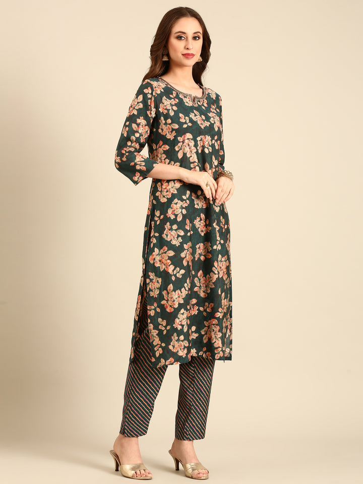 Peacock Green Printed suit set with dupatta