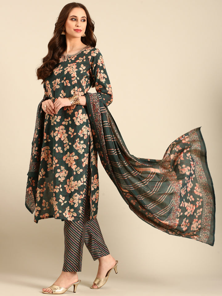 Peacock Green Printed suit set with dupatta