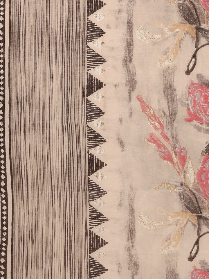 Beige Modal Silk Floral Digital Print Three Piece Set