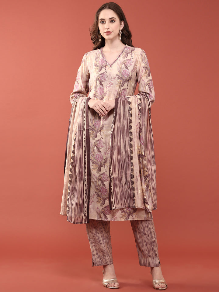 Lavender Modal Silk Floral Digital Print Three Piece Set