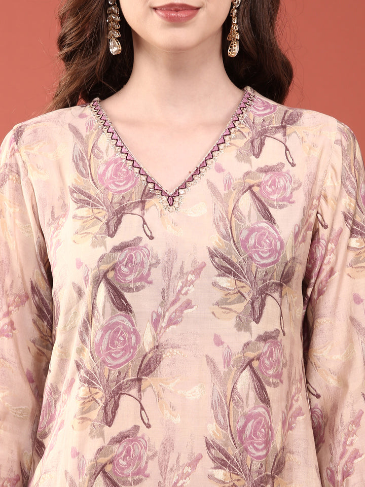 Lavender Modal Silk Floral Digital Print Three Piece Set