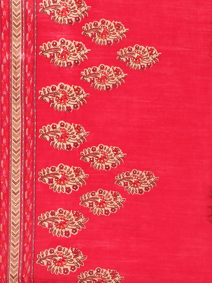 Red floral printed three piece suit set with embroidery