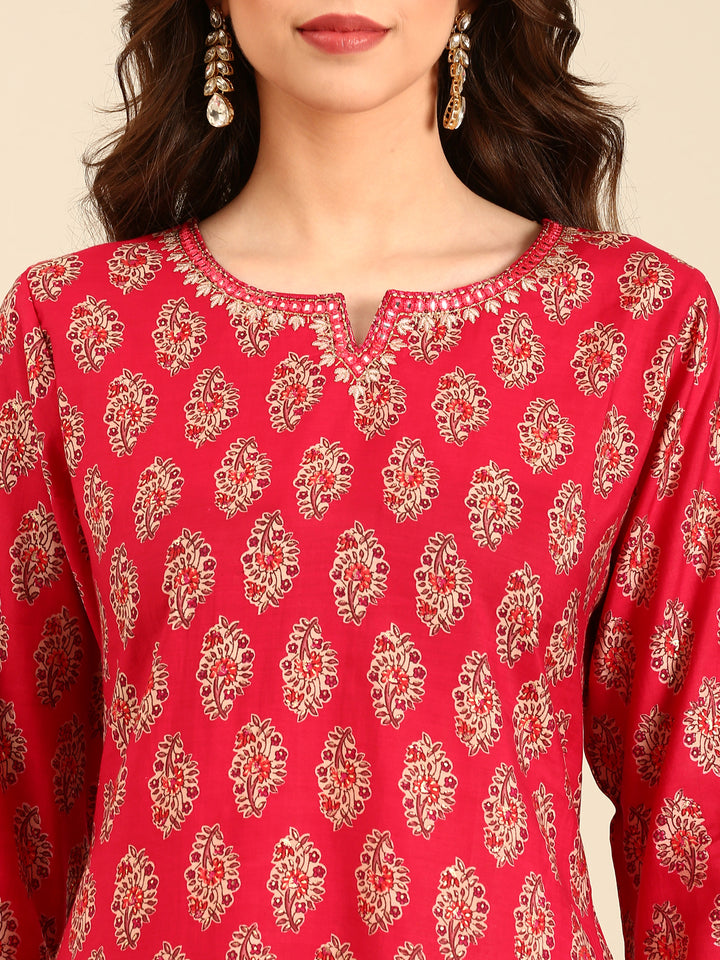 Red floral printed three piece suit set with embroidery