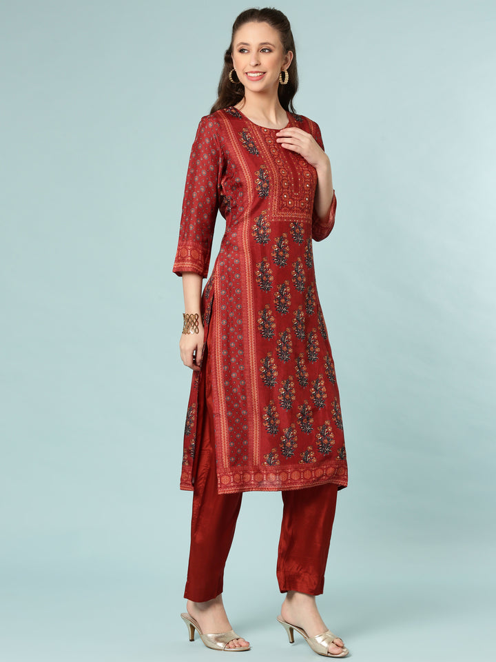 Rust Modal Silk Digital Print Three Piece Set