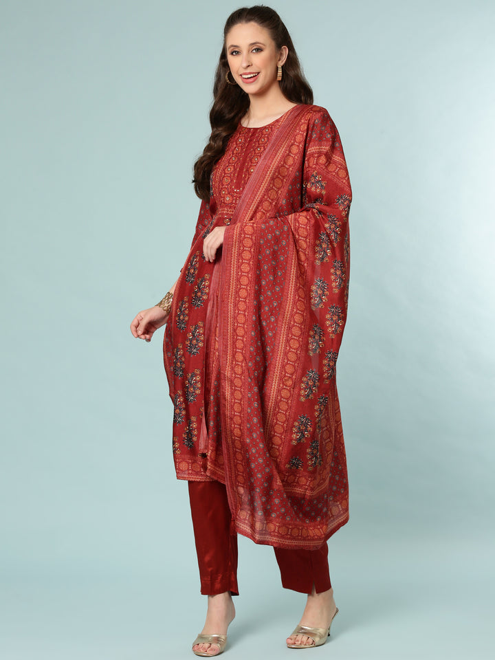 Rust Modal Silk Digital Print Three Piece Set