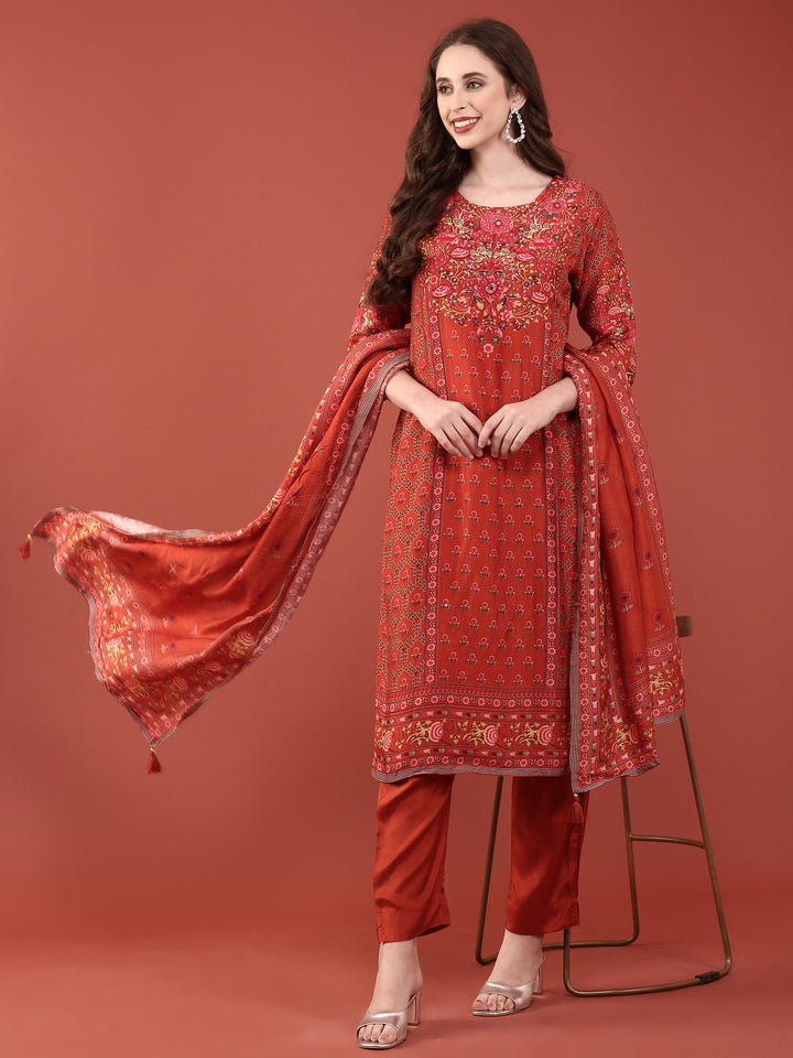 Blunt Orange Dola Silk Digital Print Three Piece Set