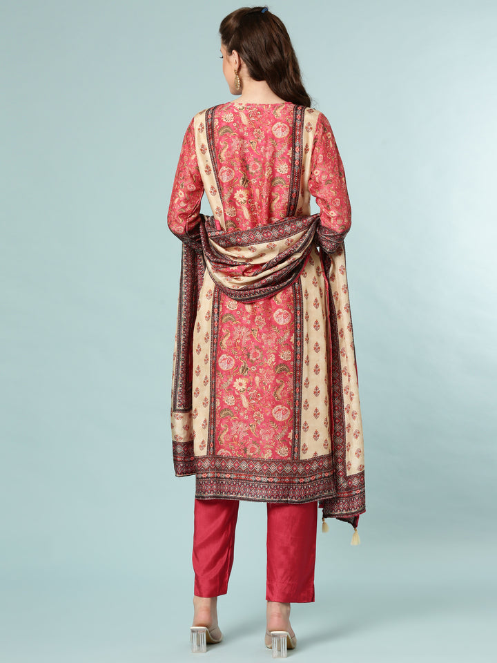 Deep Caramine Dola Silk Printed Three Piece Set