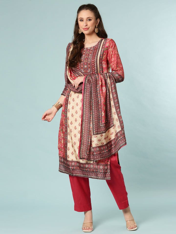 Deep Caramine Dola Silk Printed Three Piece Set