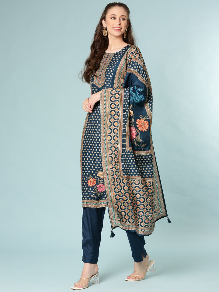 Teal Blue Modal Silk Digital Print Three Piece Set