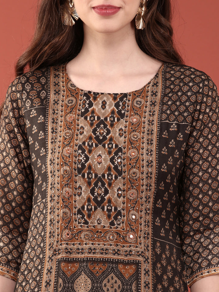 Black Dola Silk Digital Print Three Piece Set