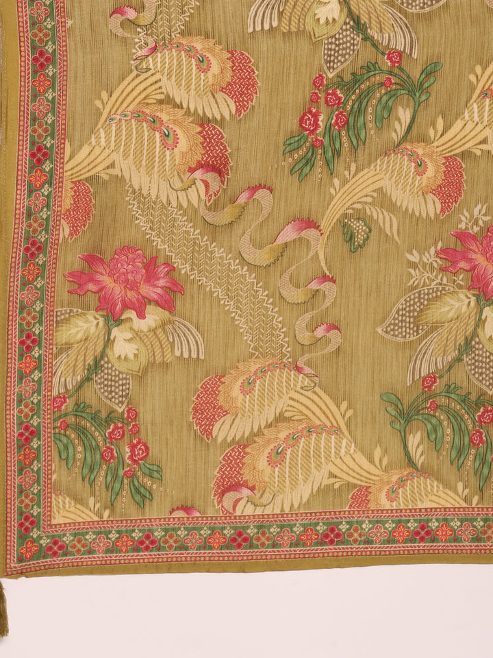 Lime Green Dola Silk Floral Digital Print Three Piece Set