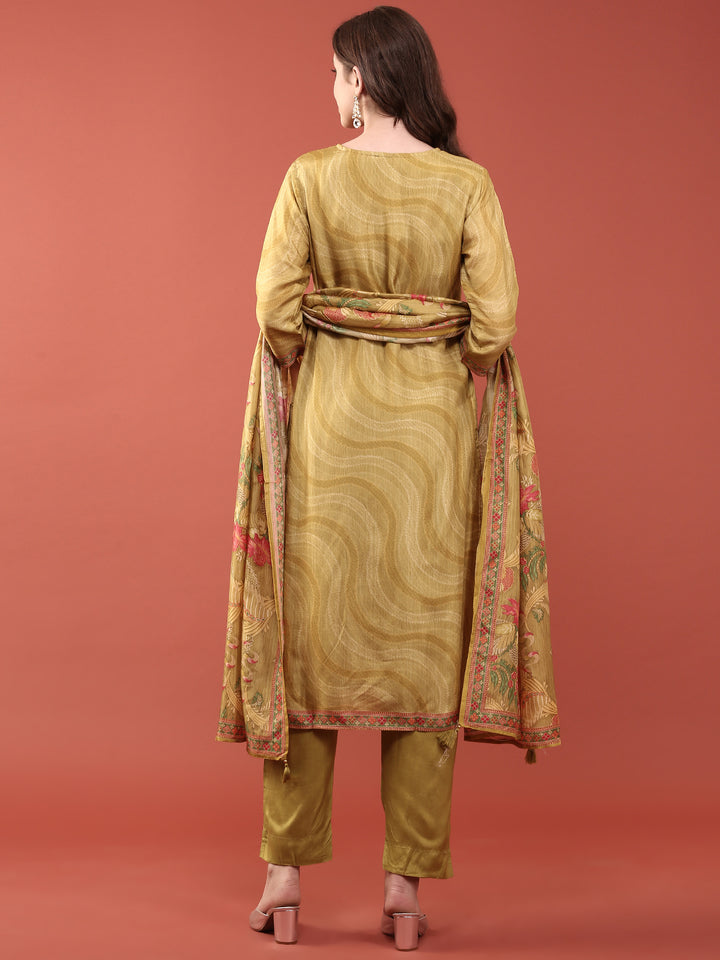 Lime Green Dola Silk Floral Digital Print Three Piece Set