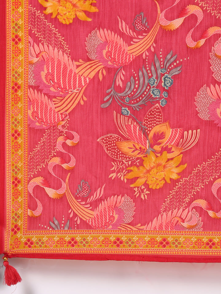 Rose Pink Dola Silk Floral Digital Print Three Piece Set