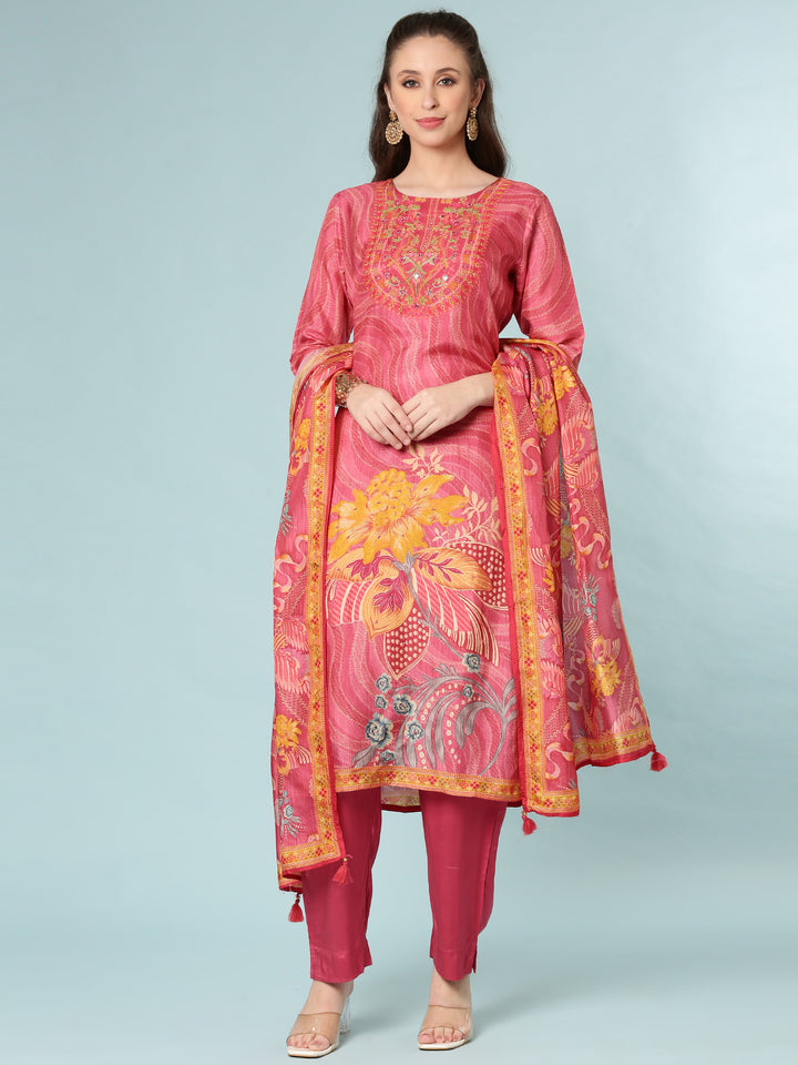 Rose Pink Dola Silk Floral Digital Print Three Piece Set