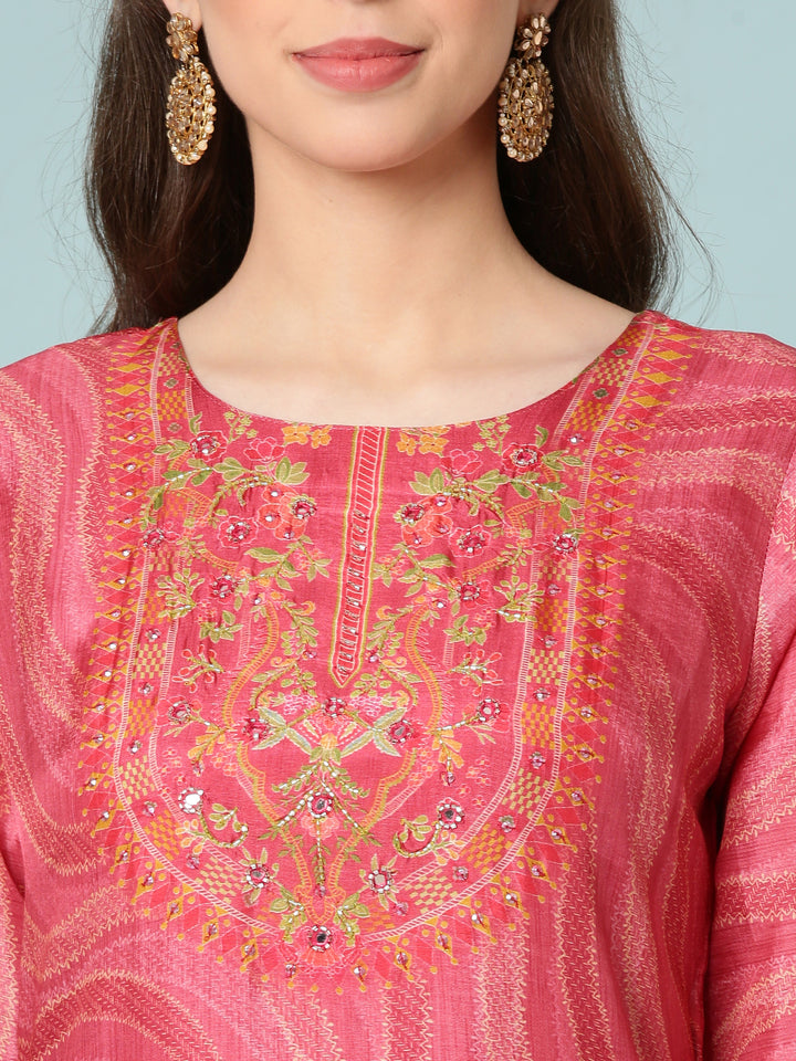 Rose Pink Dola Silk Floral Digital Print Three Piece Set