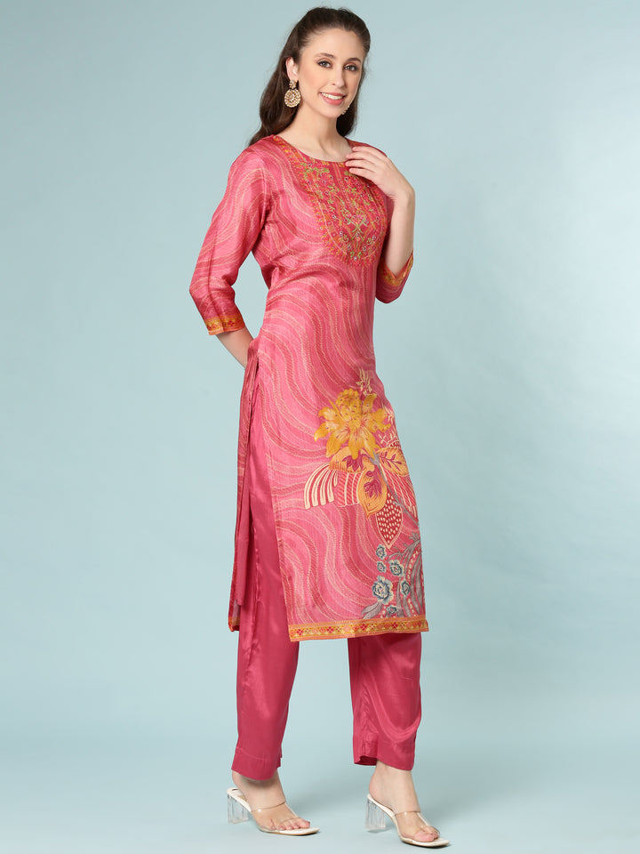 Rose Pink Dola Silk Floral Digital Print Three Piece Set