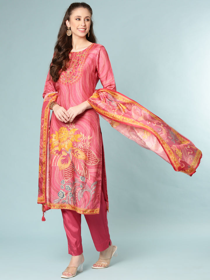 Rose Pink Dola Silk Floral Digital Print Three Piece Set