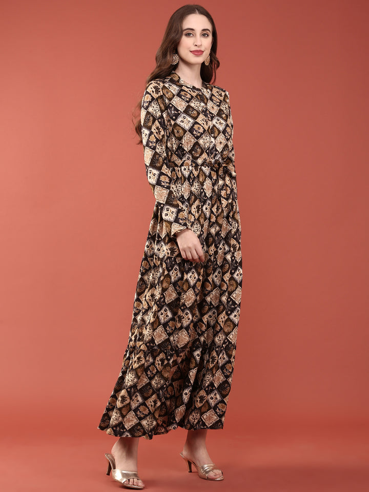 Black Rayon Printed Long Dress