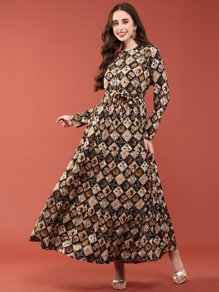 Black Rayon Printed Long Dress