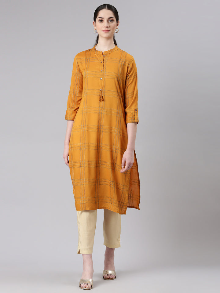Neerus Yellow Straight Casual Striped Kurtas