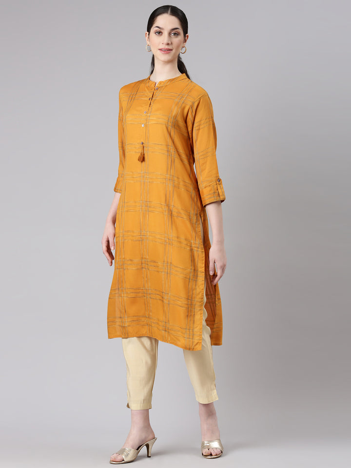 Neerus Yellow Straight Casual Striped Kurtas