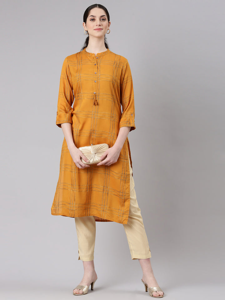 Neerus Yellow Straight Casual Striped Kurtas