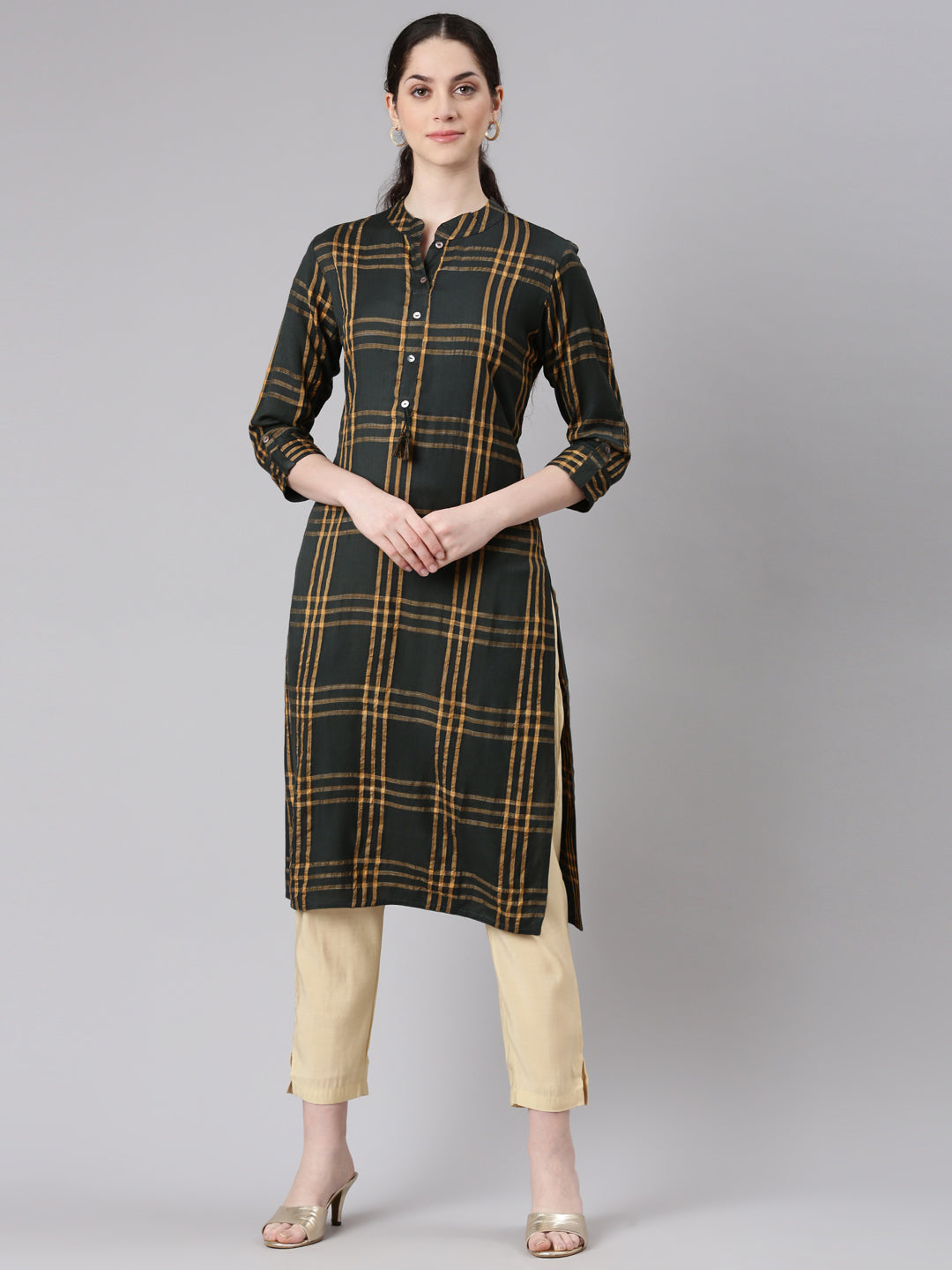 Neerus Olive Straight Casual Striped Kurtas
