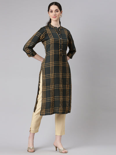 Neerus Olive Straight Casual Striped Kurtas