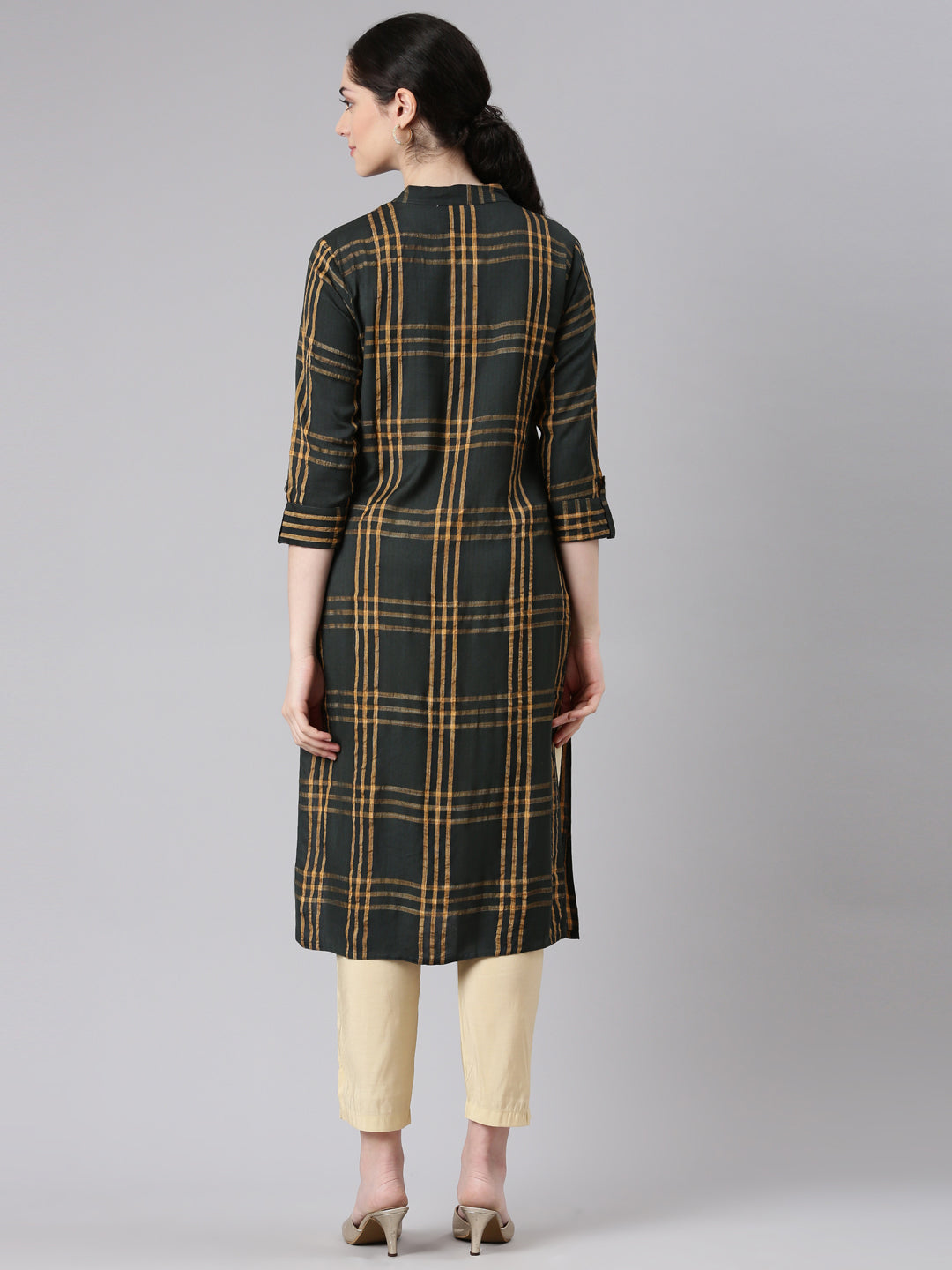 Neerus Olive Straight Casual Striped Kurtas
