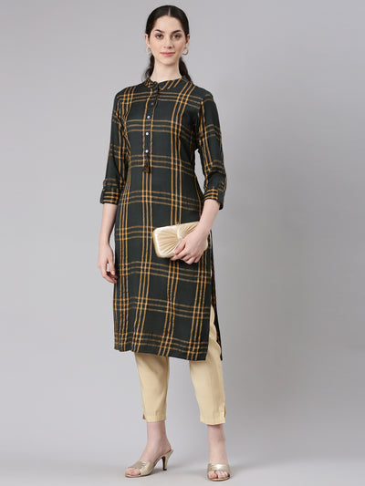 Neerus Olive Straight Casual Striped Kurtas