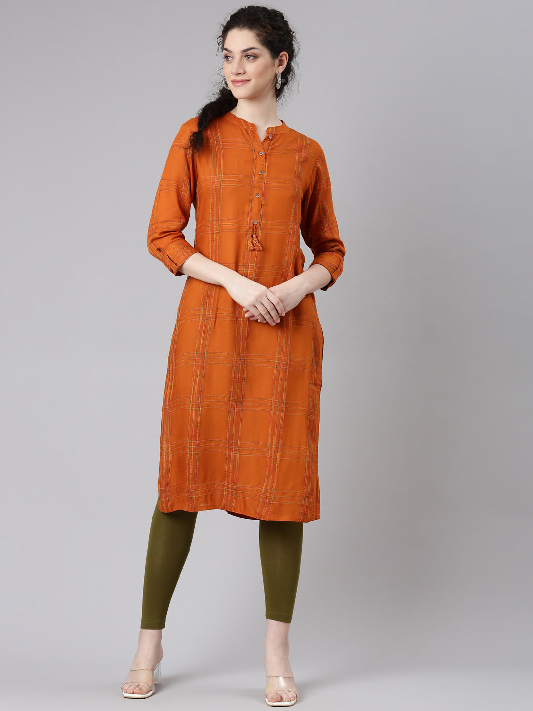 Neerus Orange Straight Casual Striped Kurtas